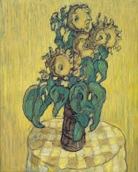 Painting of sunflowers in a vase on a checkered tablecloth with a yellow background