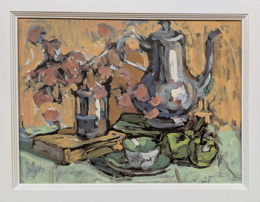 Still life painting with a teapot, flowers, and books on a yellow background