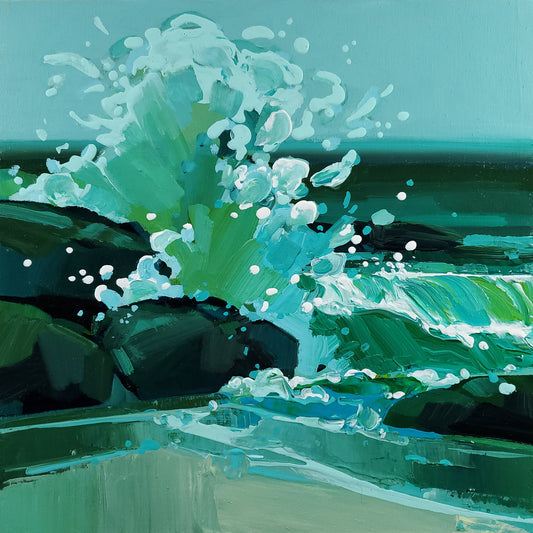 Artistic depiction of a wave crashing with green and blue colors