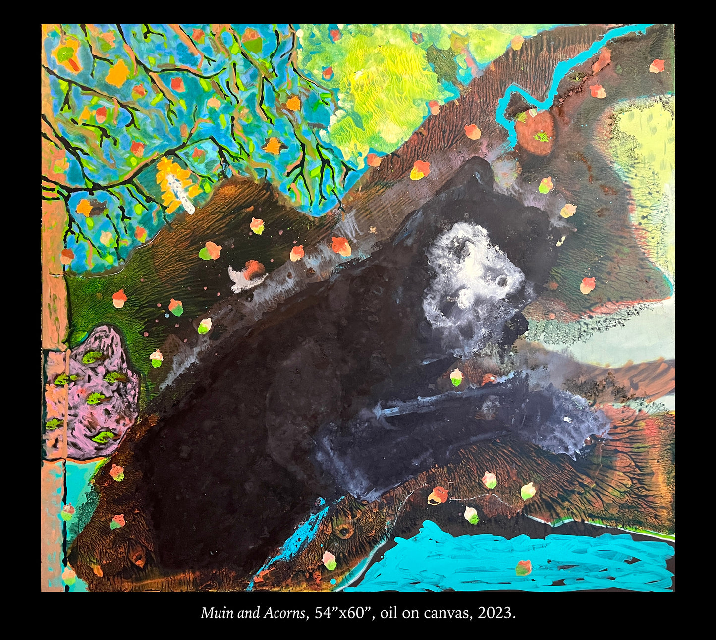 Colorful painting of a bear and acorns on a tree, 2023