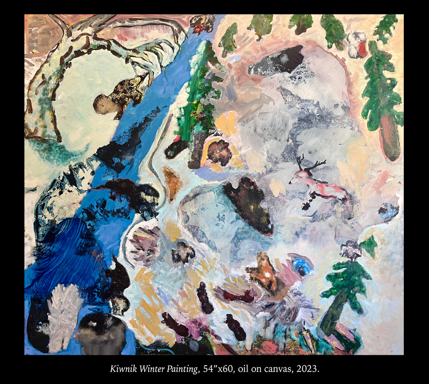 Abstract winter landscape painting with animals and nature elements on canvas.