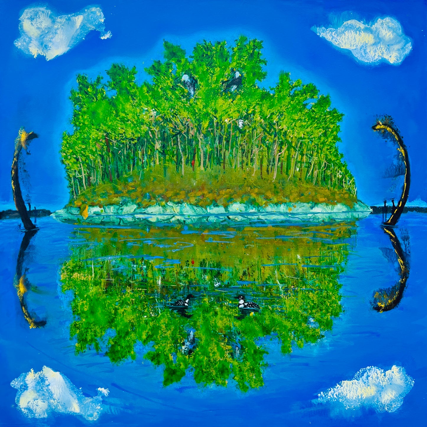 Island with trees reflected in water, surrounded by blue sky and clouds