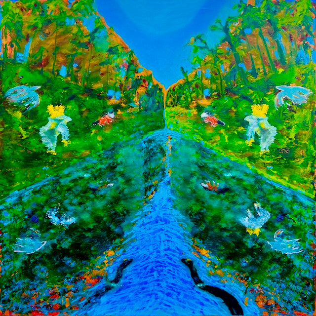 Colorful abstract painting of a landscape with trees and animals