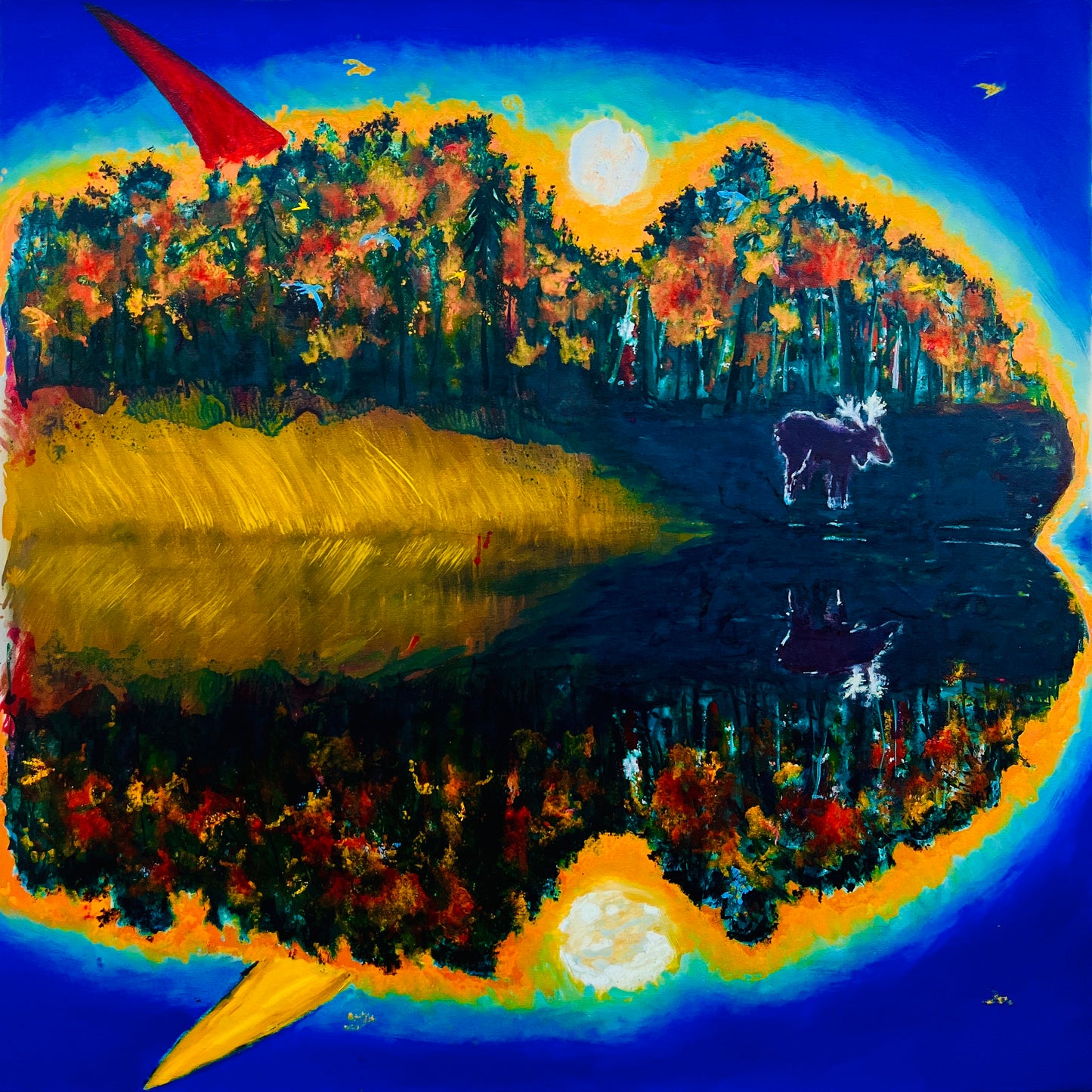 Painting of a moose by a lake with trees and a red arrow pointing to the sky.