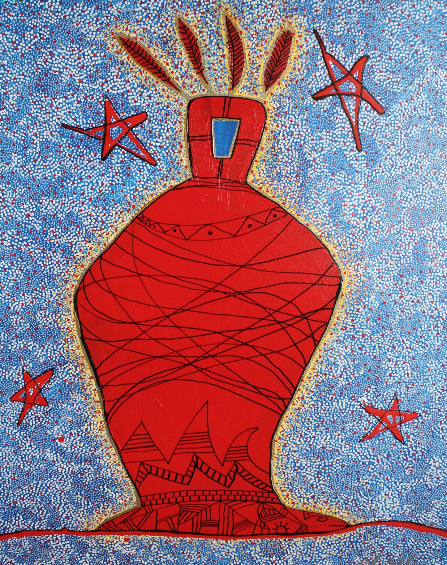 Red abstract vase with star shapes on a blue background
