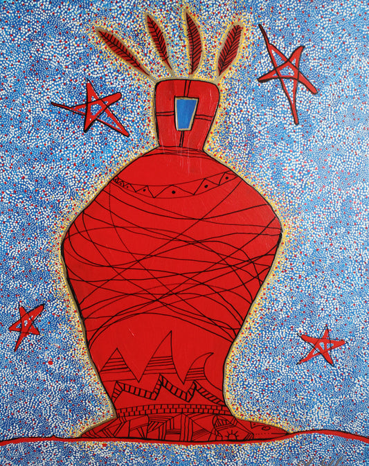 Red abstract vase with star shapes on a blue background