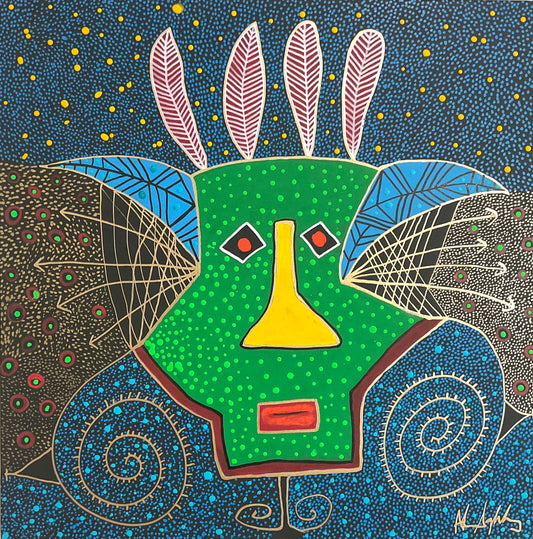 Green Mask with Four Red Feathers