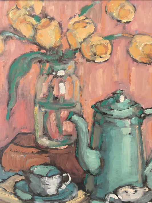 Green Teapot with Tulips