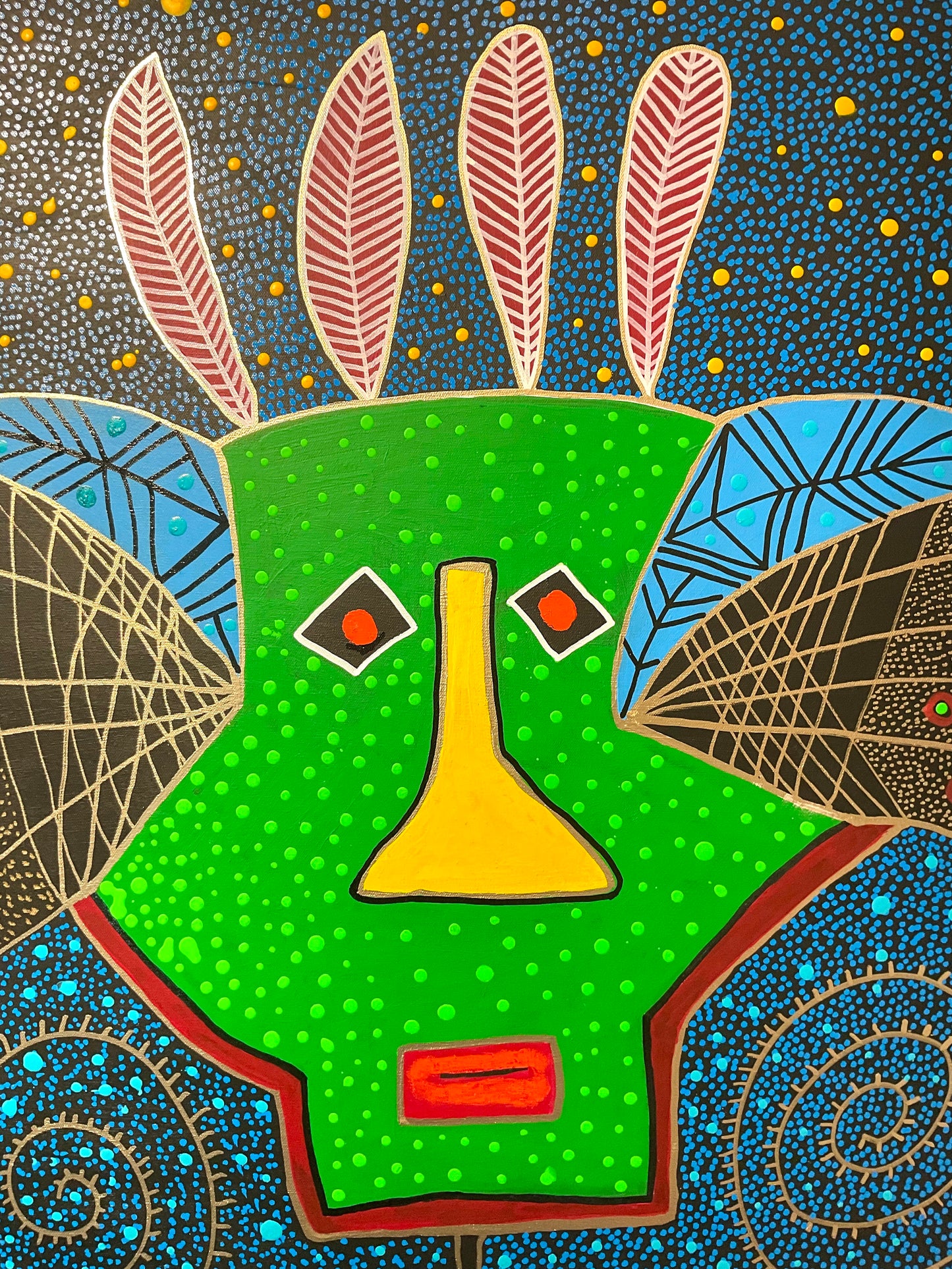 Green Mask with Four Red Feathers