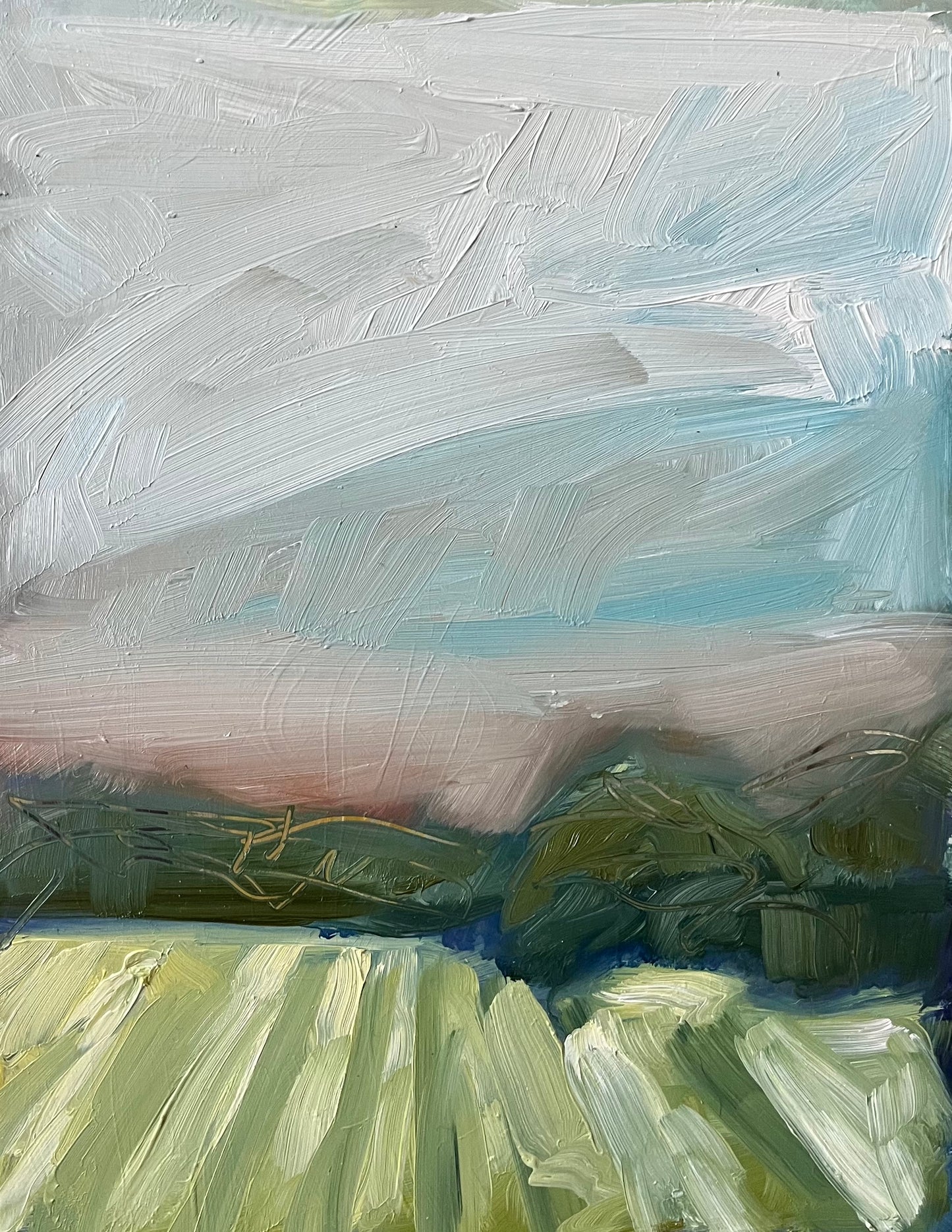 Abstract painting with brush strokes in blue, green, and brown