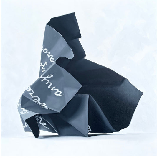 Black origami sculpture with white text on a light blue background