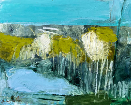 Abstract painting with blue, yellow, and gray colors