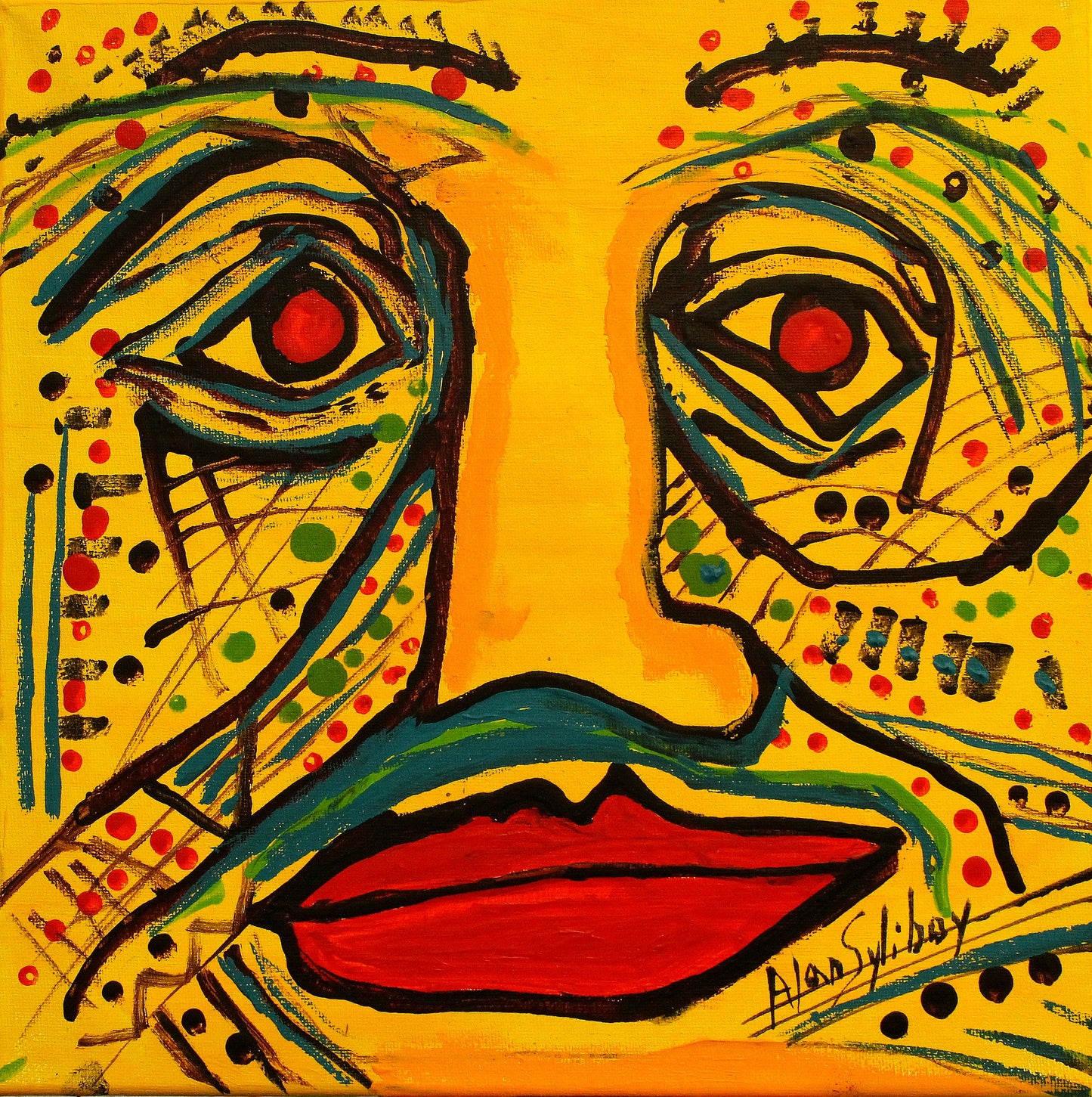 Mask in Yellow Light with Red Eyes