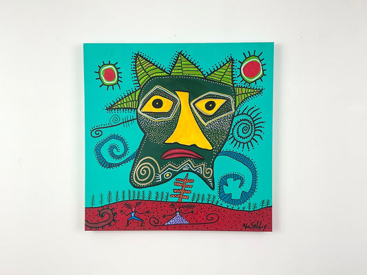 Mask Looking Over Man and Woman