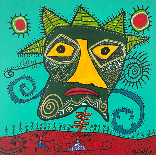 Mask Looking Over Man and Woman