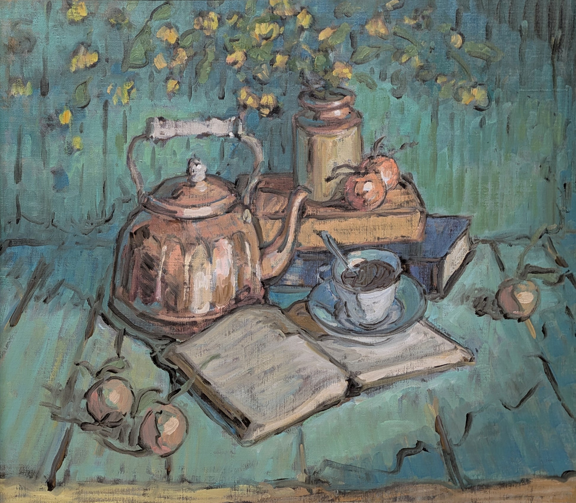Still life painting with a teapot, books, and fruit on a table.