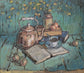 Still life painting with a teapot, books, and fruit on a table.