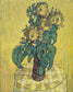 Painting of sunflowers in a vase on a checkered tablecloth with a yellow background