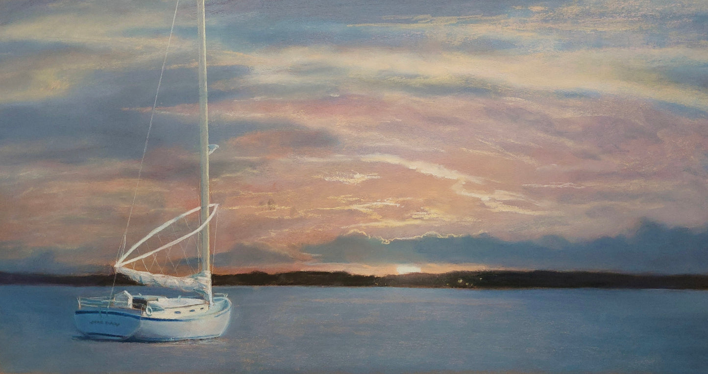 A painted seascape showing a white sailboat on calm water under a soft pastel sky with pink, peach, blue, and gray tones.