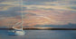 A painted seascape showing a white sailboat on calm water under a soft pastel sky with pink, peach, blue, and gray tones.