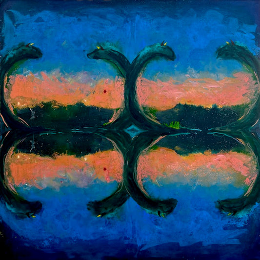 Abstract art with a central design on a blue background