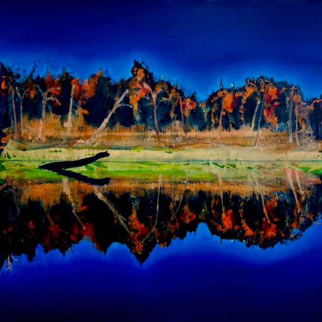 Reflective water surface with trees and sky in a landscape painting
