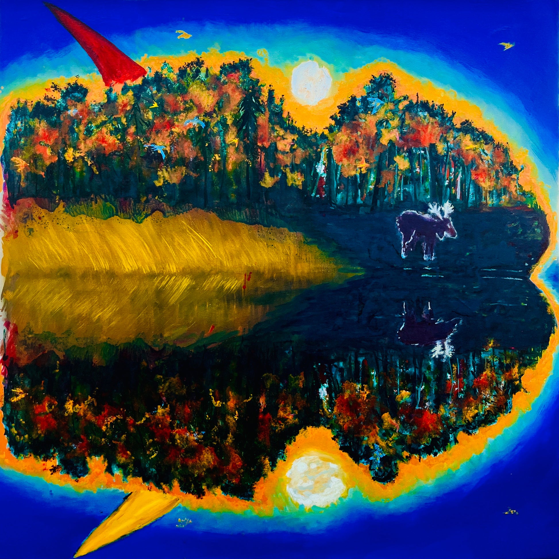 Painting of a moose by a lake with trees and a red arrow pointing to the sky.