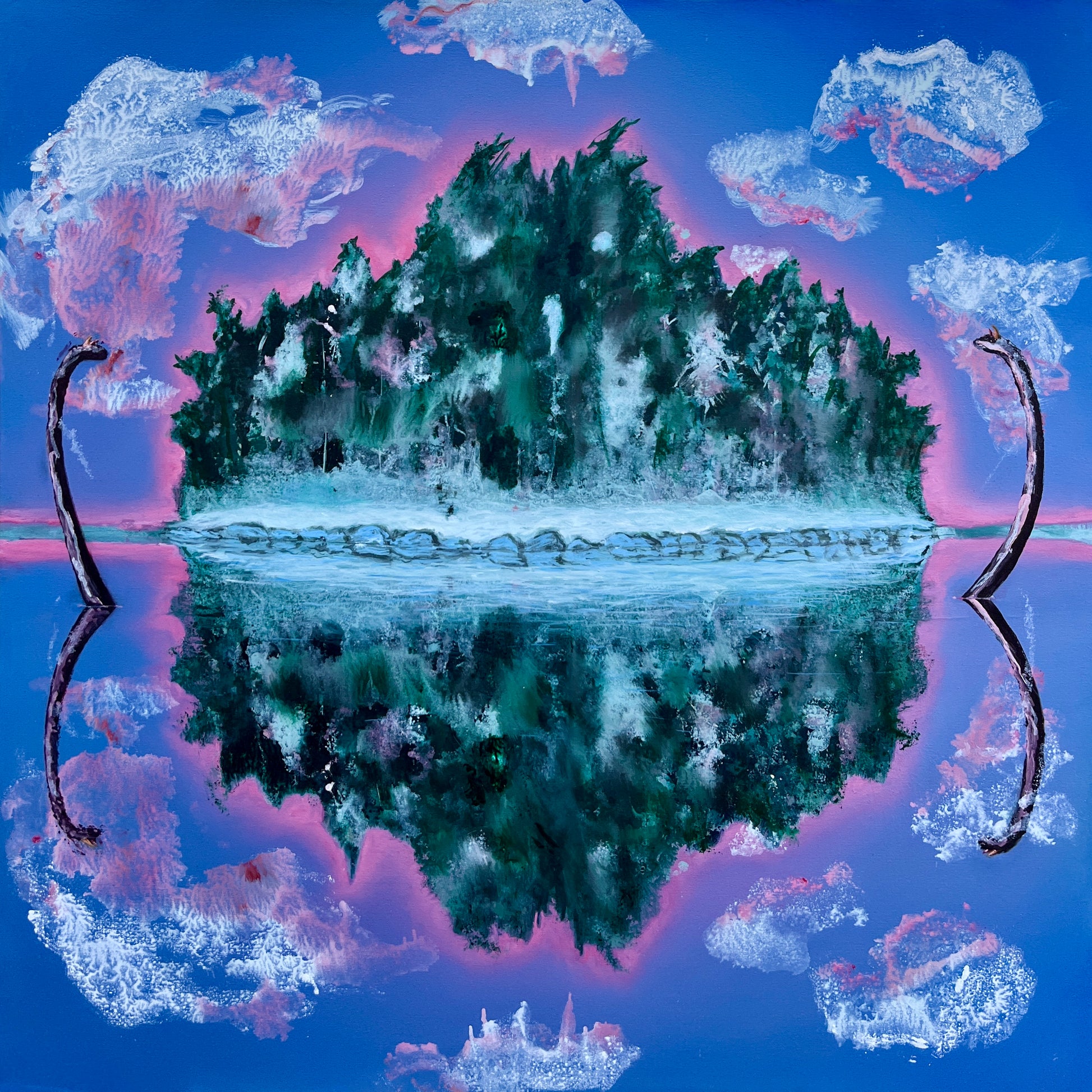 Island with trees reflected in water, surrounded by pink and white clouds.