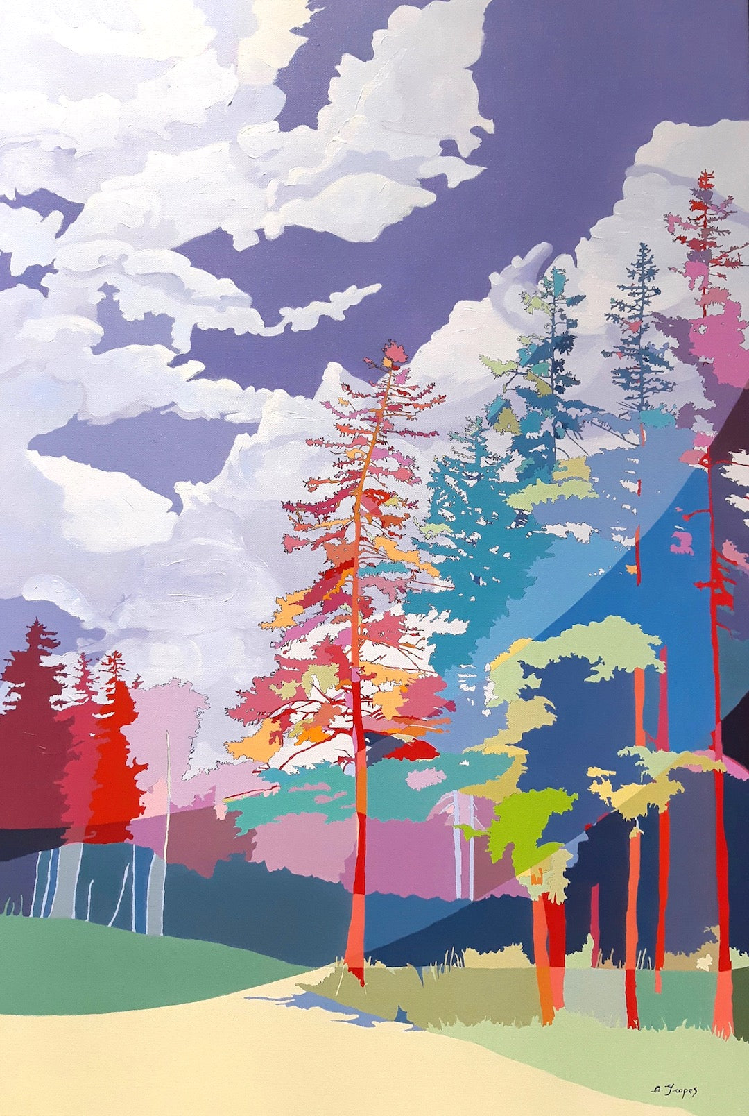 A colorful stylized landscape painting showing a winding pale path through trees with red, pink, blue, green, and yellow foliage under a purple sky with white clouds.