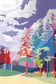 A colorful stylized landscape painting showing a winding pale path through trees with red, pink, blue, green, and yellow foliage under a purple sky with white clouds.