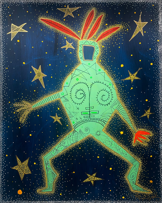 A stylized folk-art figure in light green with red accents, surrounded by gold stars on a dark blue background, rendered in a dotted, hand-painted style.