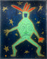 A stylized folk-art figure in light green with red accents, surrounded by gold stars on a dark blue background, rendered in a dotted, hand-painted style.