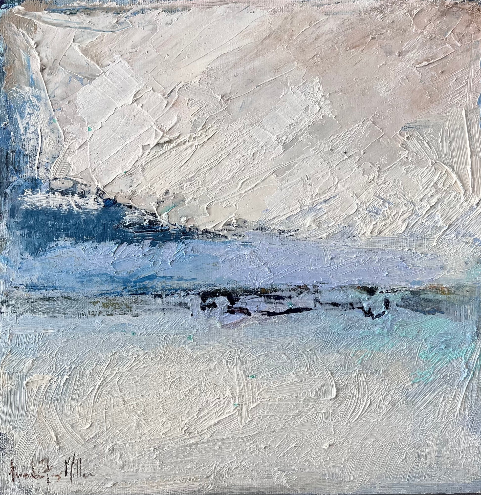 Abstract art piece with textured white and gray brushstrokes