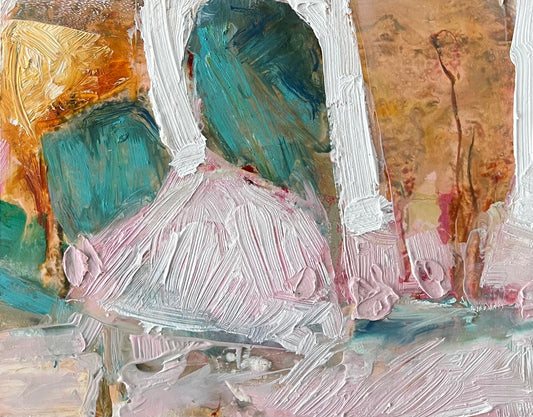 Abstract painting with textured brushstrokes in pastel colors