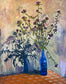 Artistic depiction of blue bottles with purple flowers against a textured background