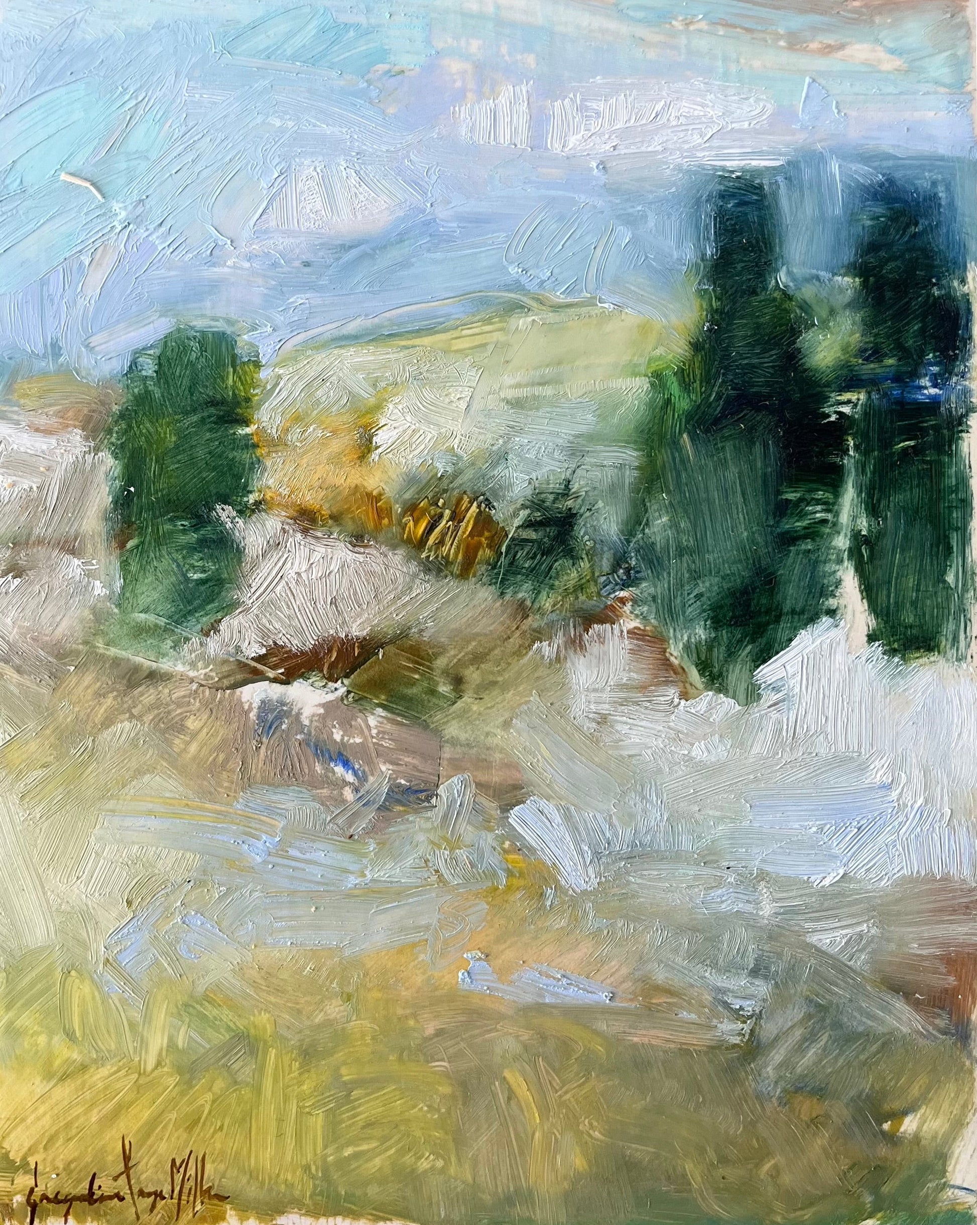 Abstract painting with textured brushstrokes in green, brown, and blue tones.