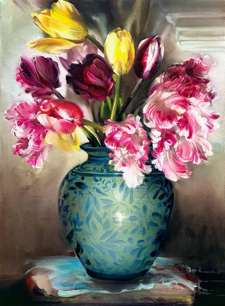 Teal Vase with Tulips and Peonies