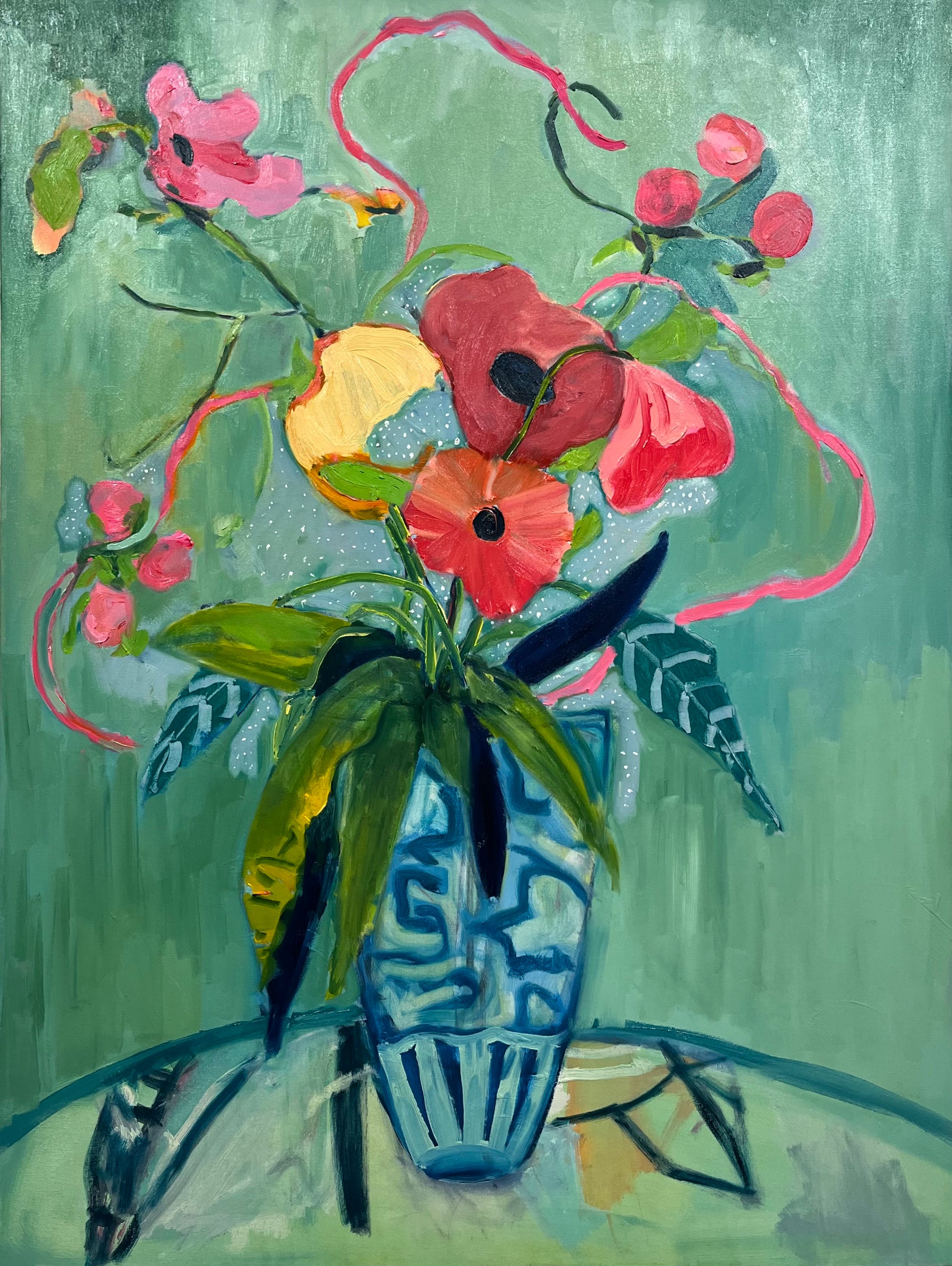 Painting of flowers in a blue and white vase on a green background