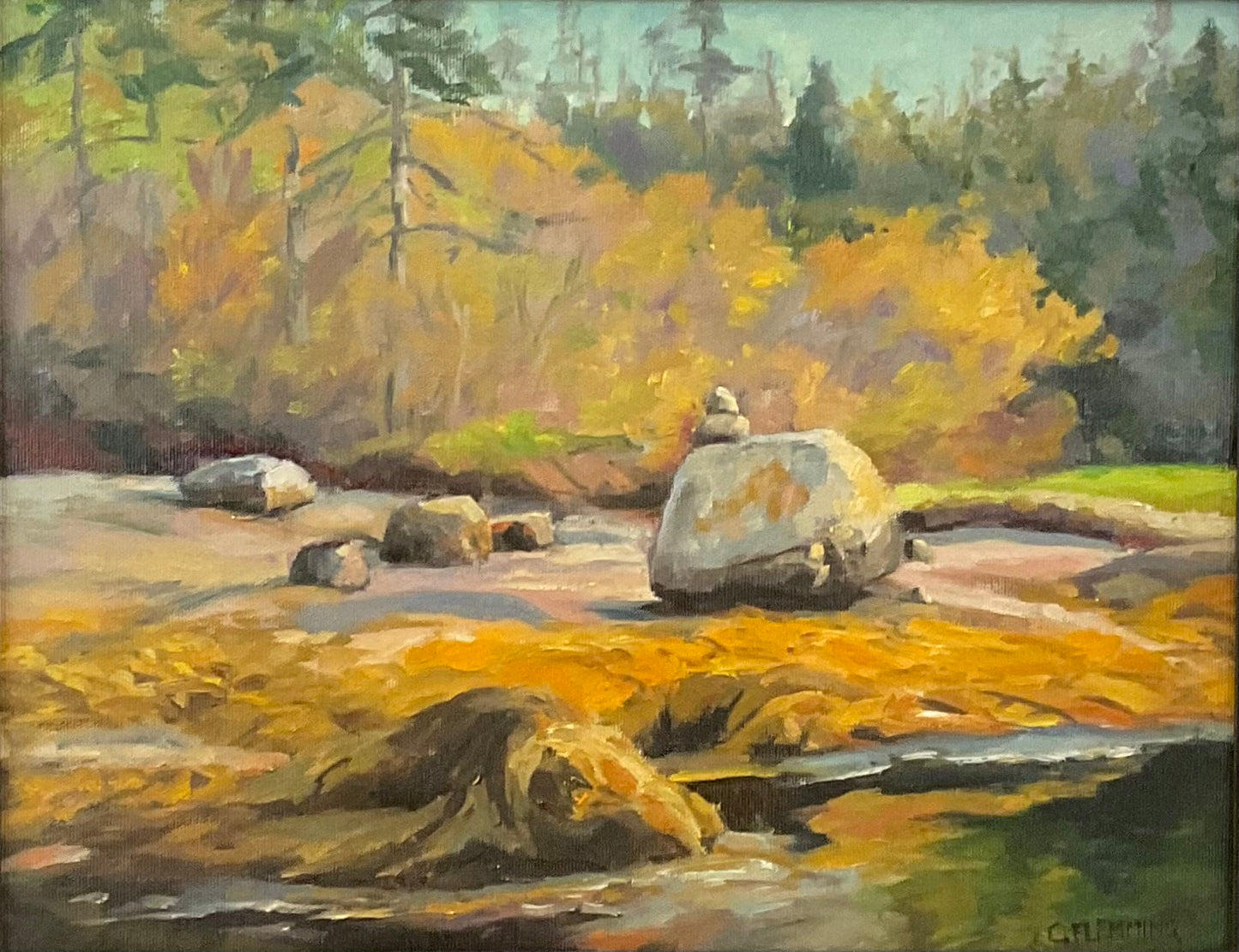 Painting of a forest landscape with rocks and trees