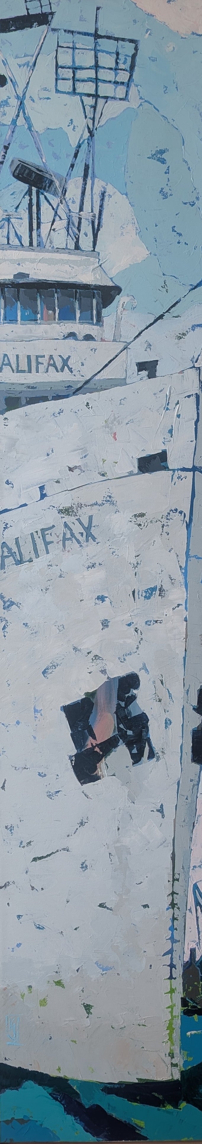 Artistic depiction of a freighter with 'Halifax' text on a textured background