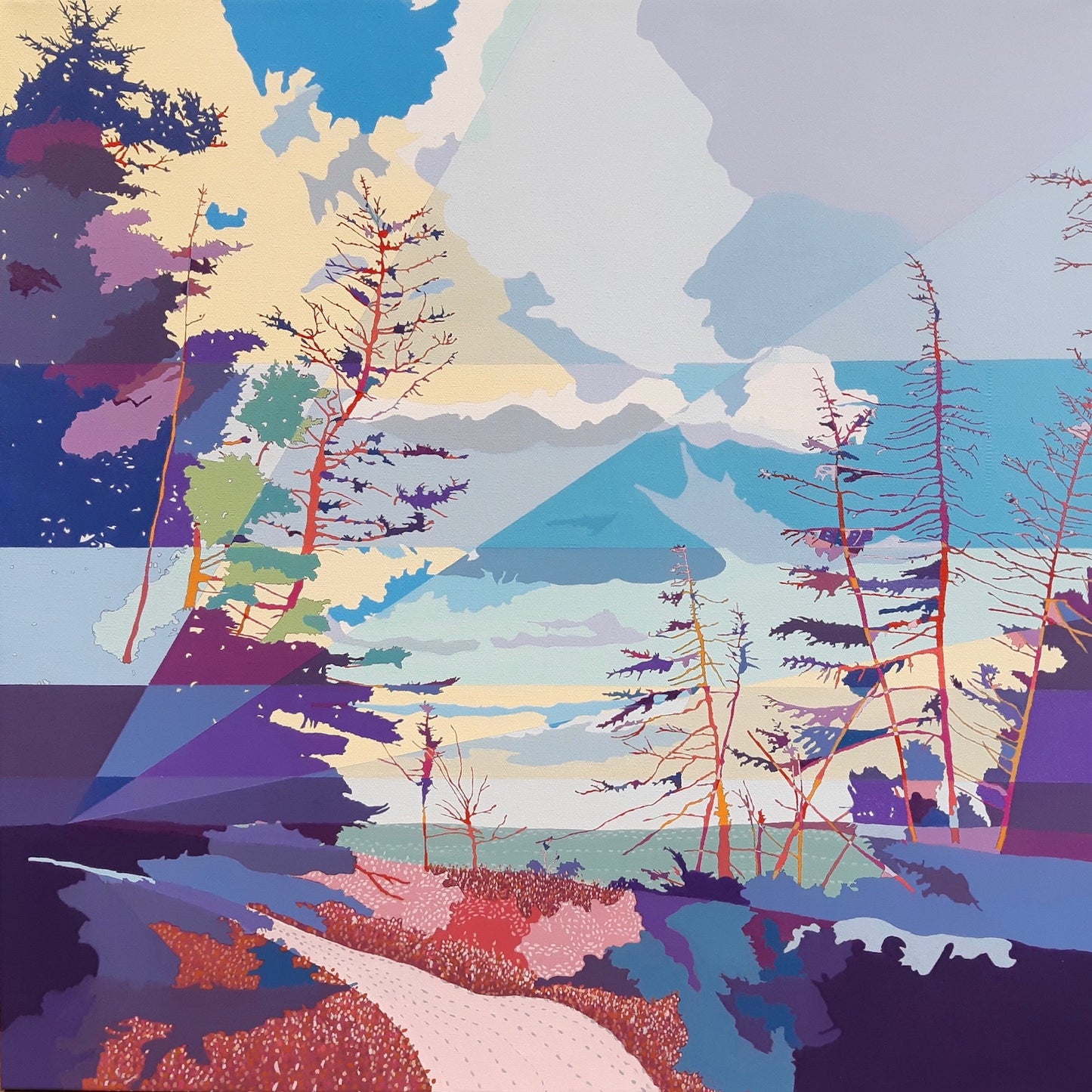 Colorful abstract landscape with trees and mountains