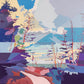 Colorful abstract landscape with trees and mountains