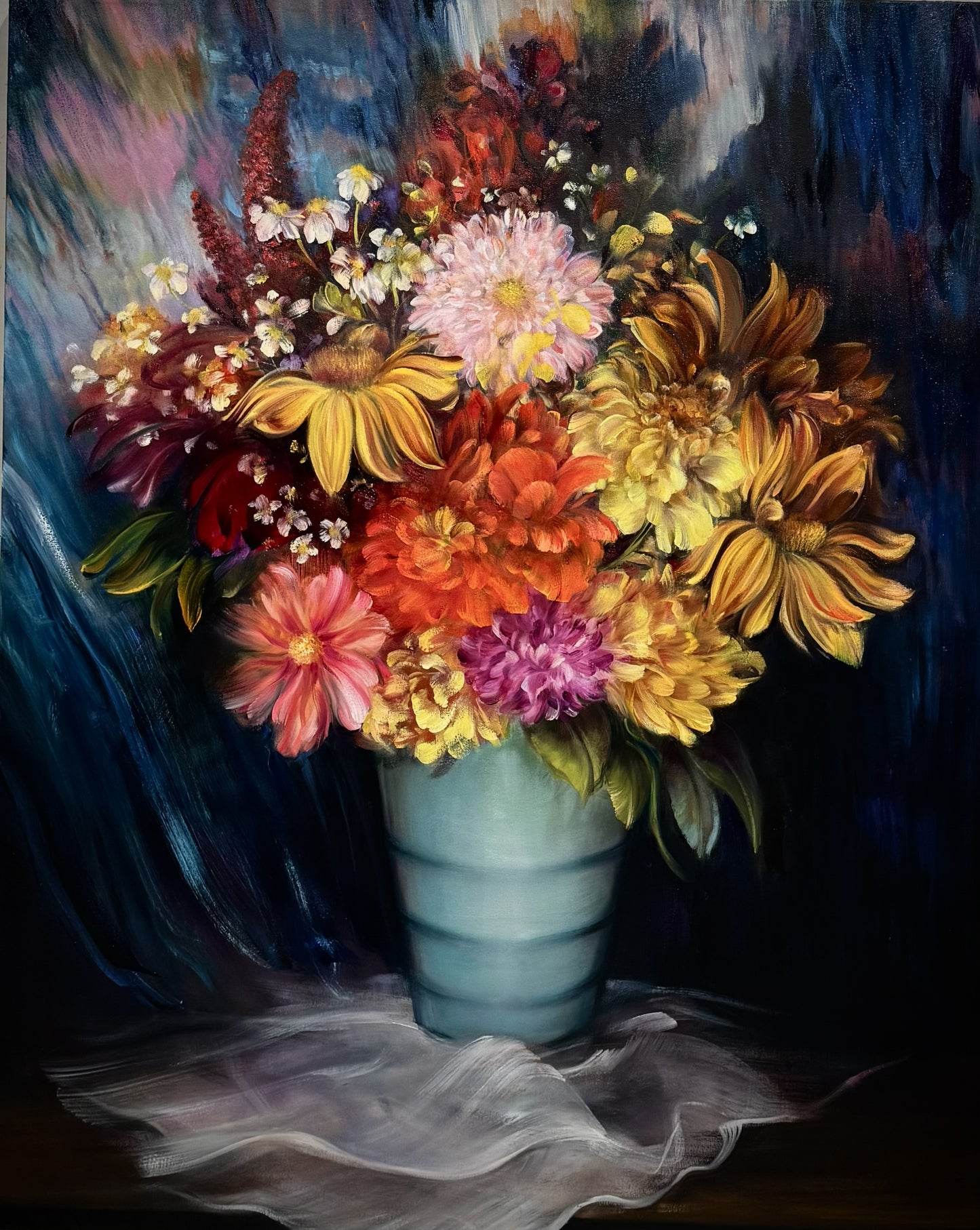 Colorful bouquet of flowers in a vase against a dark background