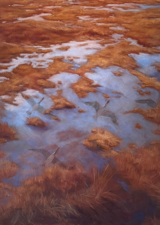 Artistic depiction of a landscape with water and grass