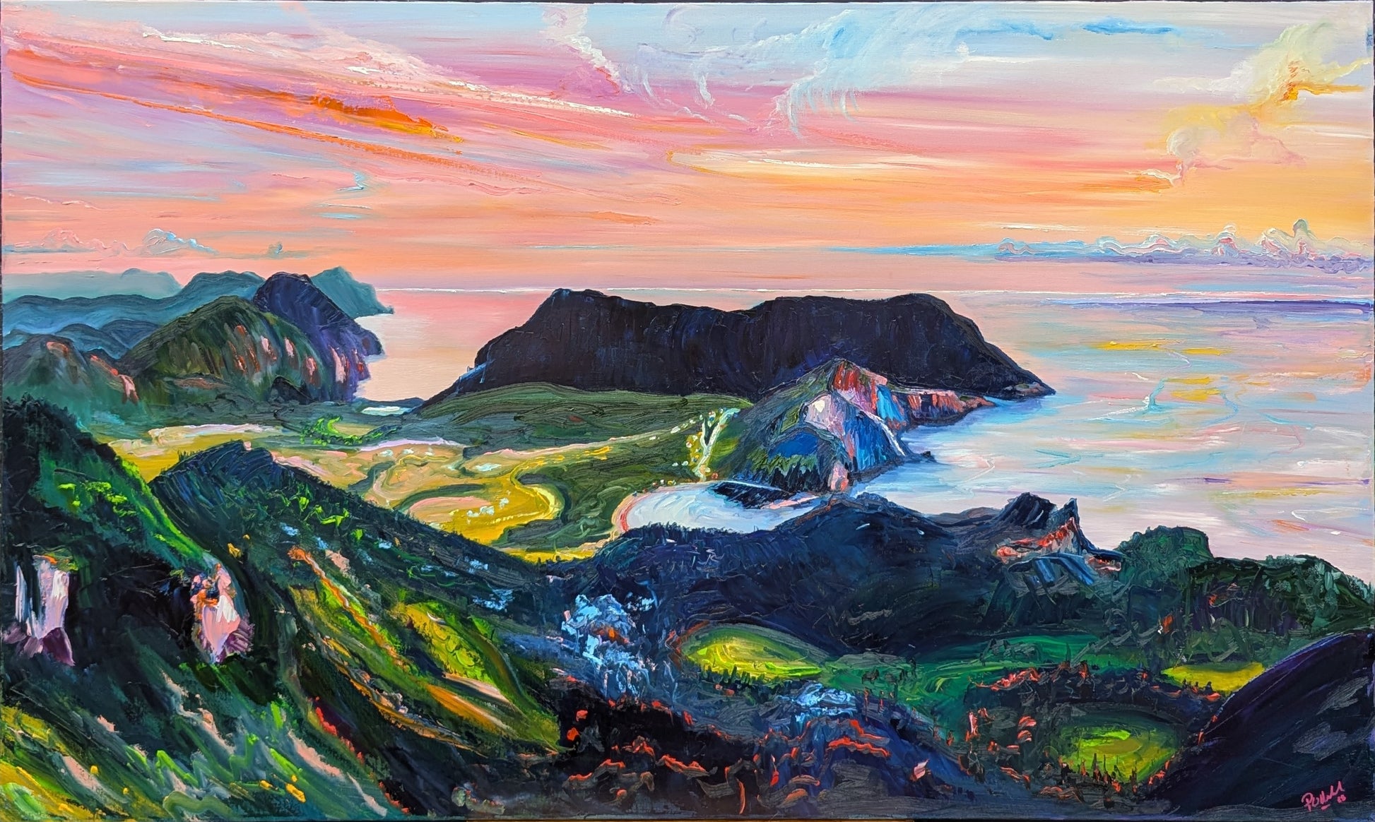 An impressionistic landscape painting of a coastal mountainous region at sunset, featuring dark volcanic islands, green hillsides, and a vibrant sky with pink, orange, yellow, and blue tones.