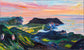 An impressionistic landscape painting of a coastal mountainous region at sunset, featuring dark volcanic islands, green hillsides, and a vibrant sky with pink, orange, yellow, and blue tones.