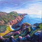 An expressive landscape painting of a coastal cliffside scene with blue ocean water, green hills, pink and purple rocky outcrops, and a pale sky with wispy clouds.