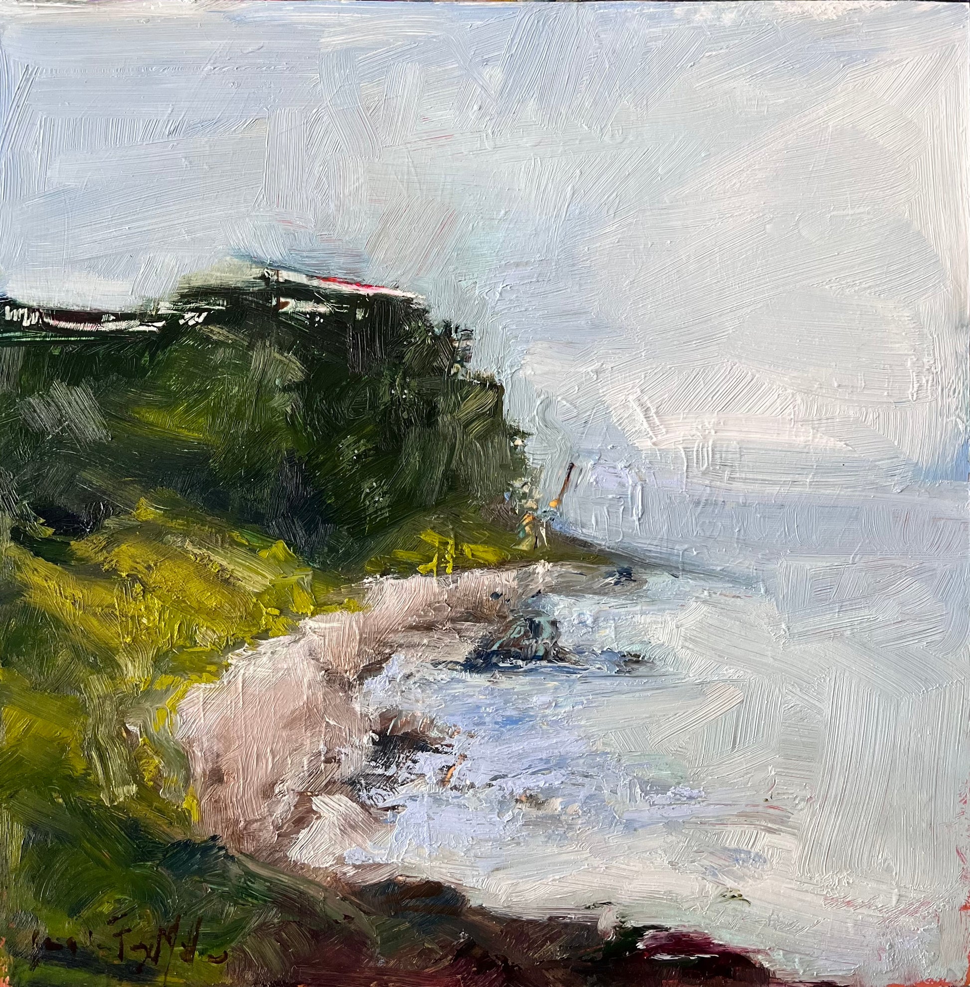 Painting of a landscape with a stream and greenery