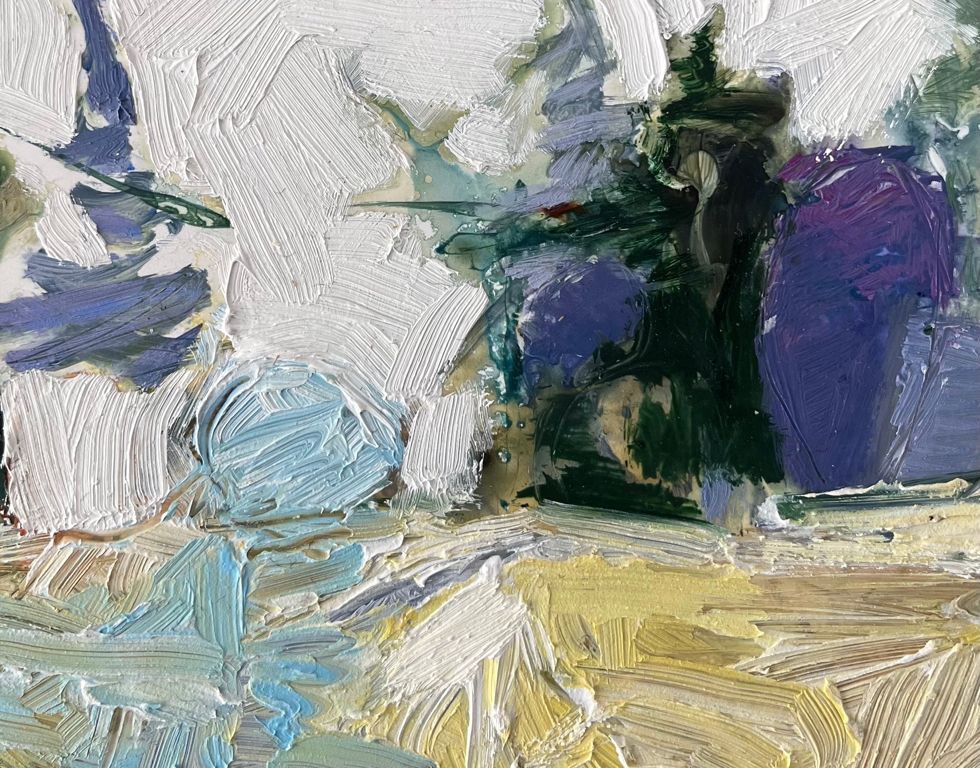 Abstract painting with textured brushstrokes in various colors