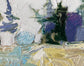 Abstract painting with textured brushstrokes in various colors